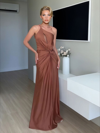 Sexy One-Shoulder Ruched Keyhole Maxi Dress