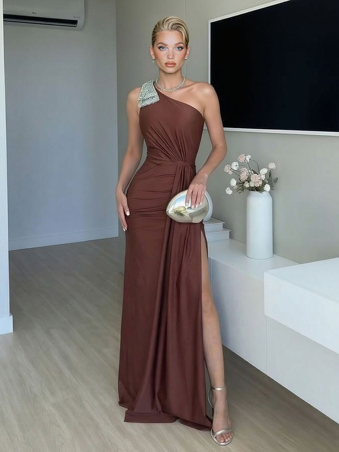Elegant One-Shoulder Embellished Maxi Dress