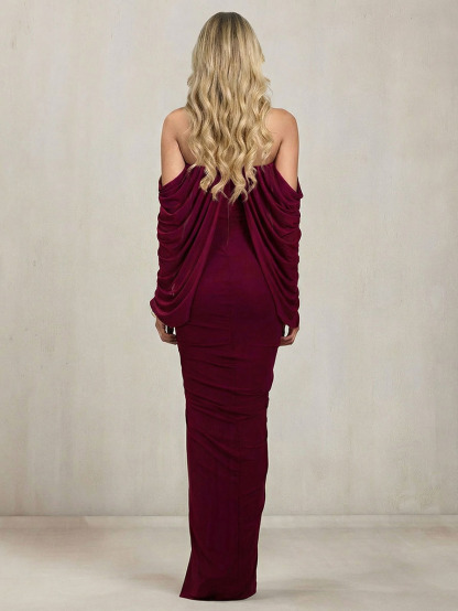 Ruched Draped Cape Sleeve Maxi Dress