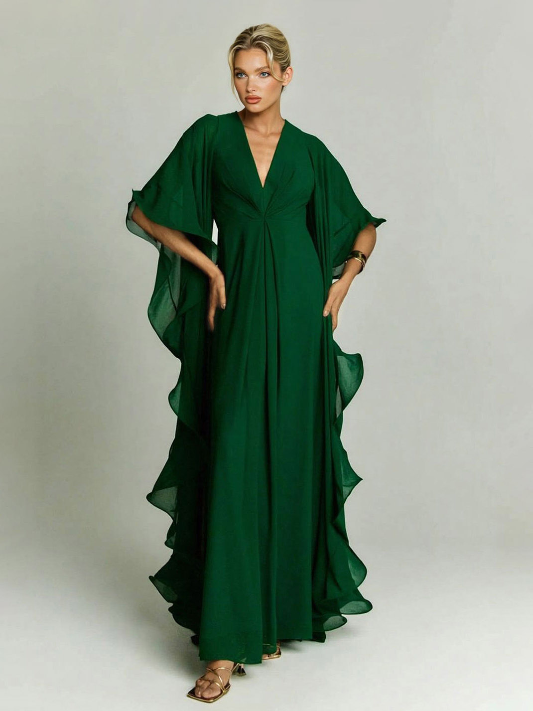 Elegant Draped Head Sleeve Chiffon Maxi Dress