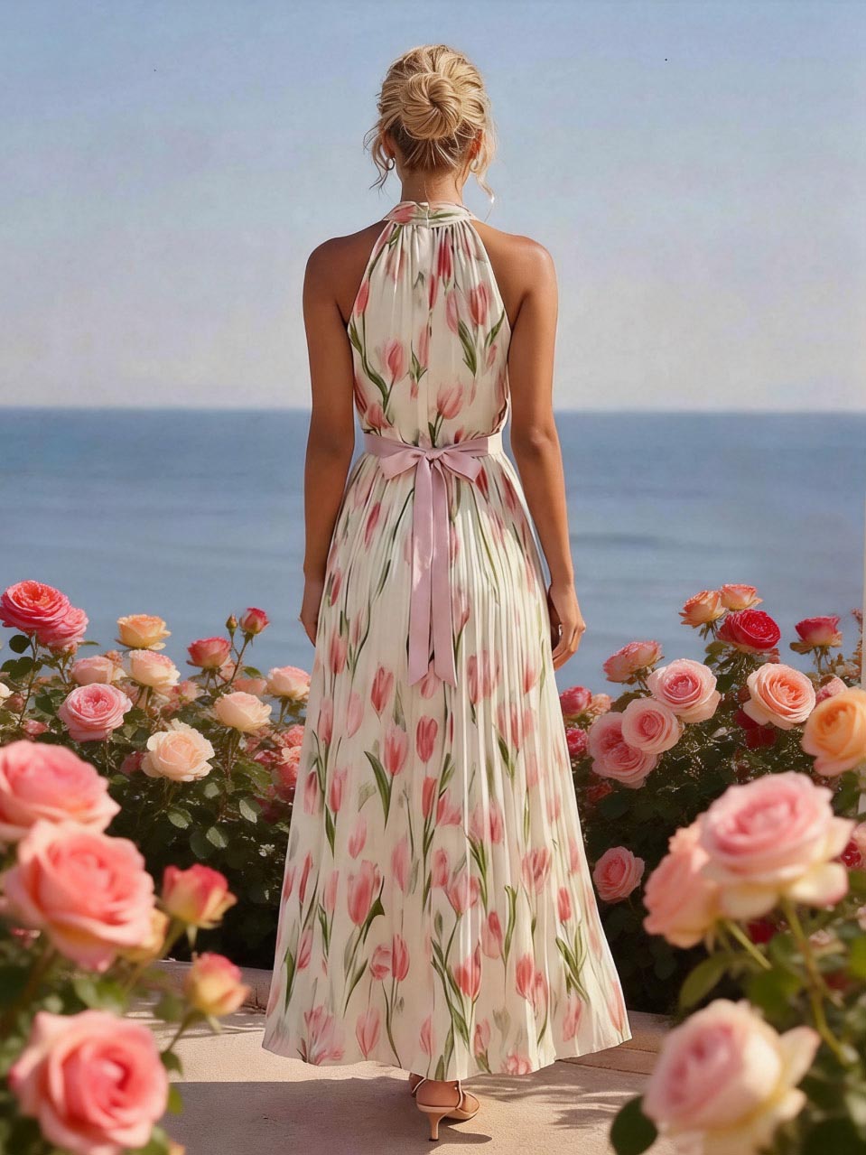 Elegant Tulip Chiffon Print Backless Maxi Dress