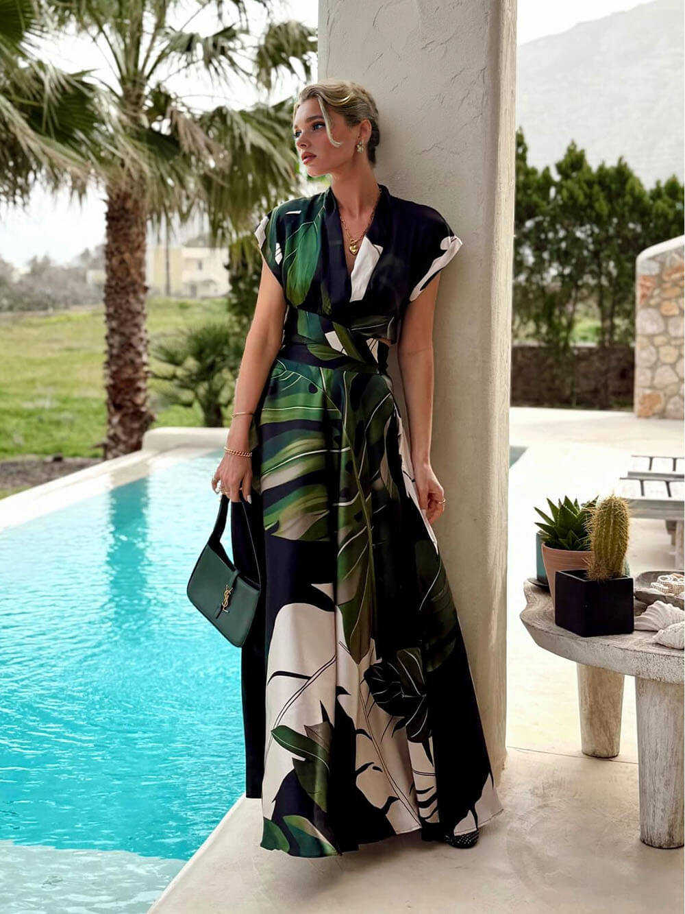 Bohemian Palm Leaf Print Maxi Dress