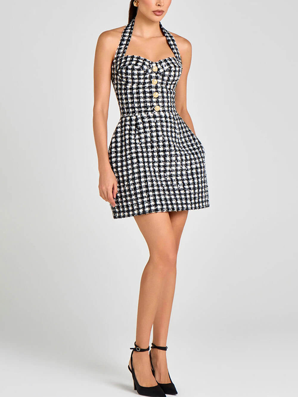 Retro Black and White Plaid Burlap Halter Neck Party Mini Dress