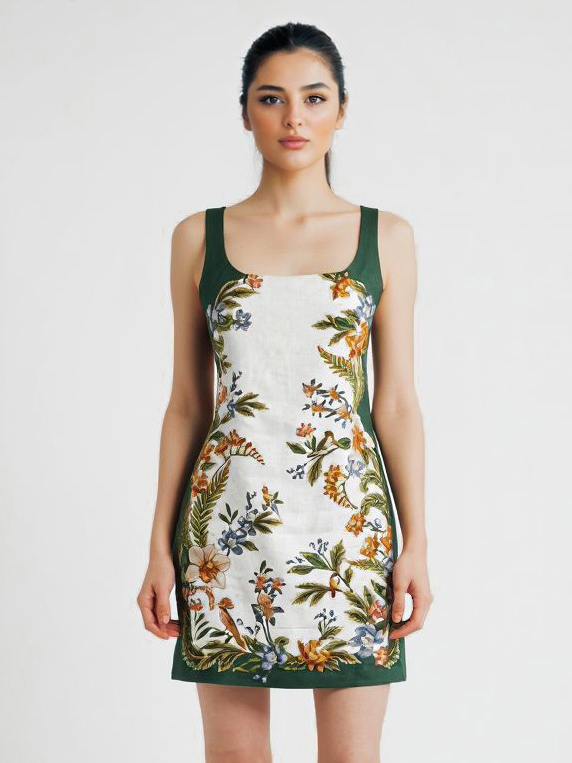 Elegant Floral Print Contrast-Trim Mini Dress