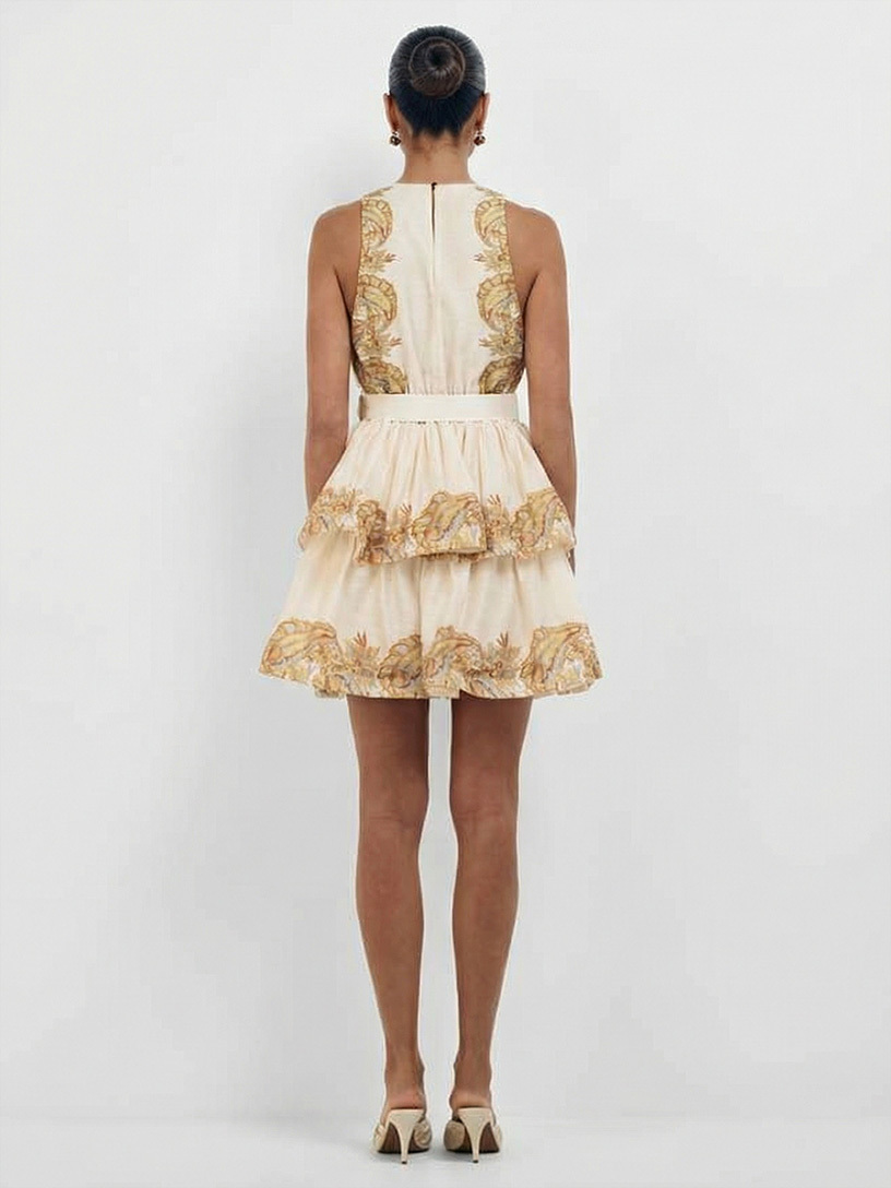 Elegant Paisley Print Sleeveless V-Neck Ruffle Mini Dress