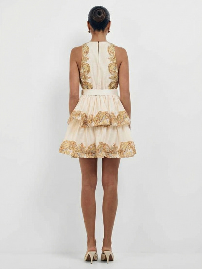 Elegant Paisley Print Sleeveless V-Neck Ruffle Mini Dress