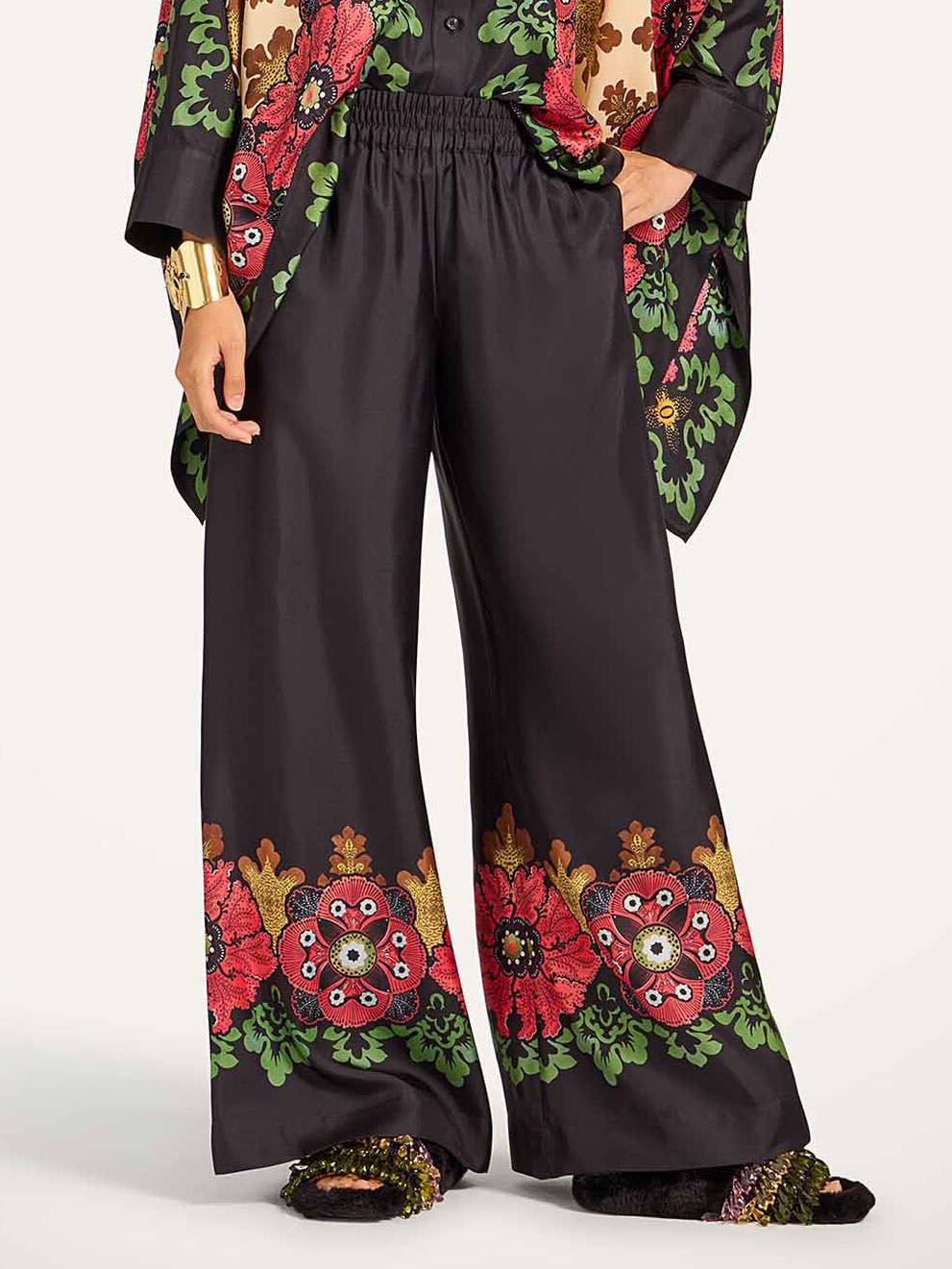 Exquisite Satin Floral Border Wide-Leg Pants