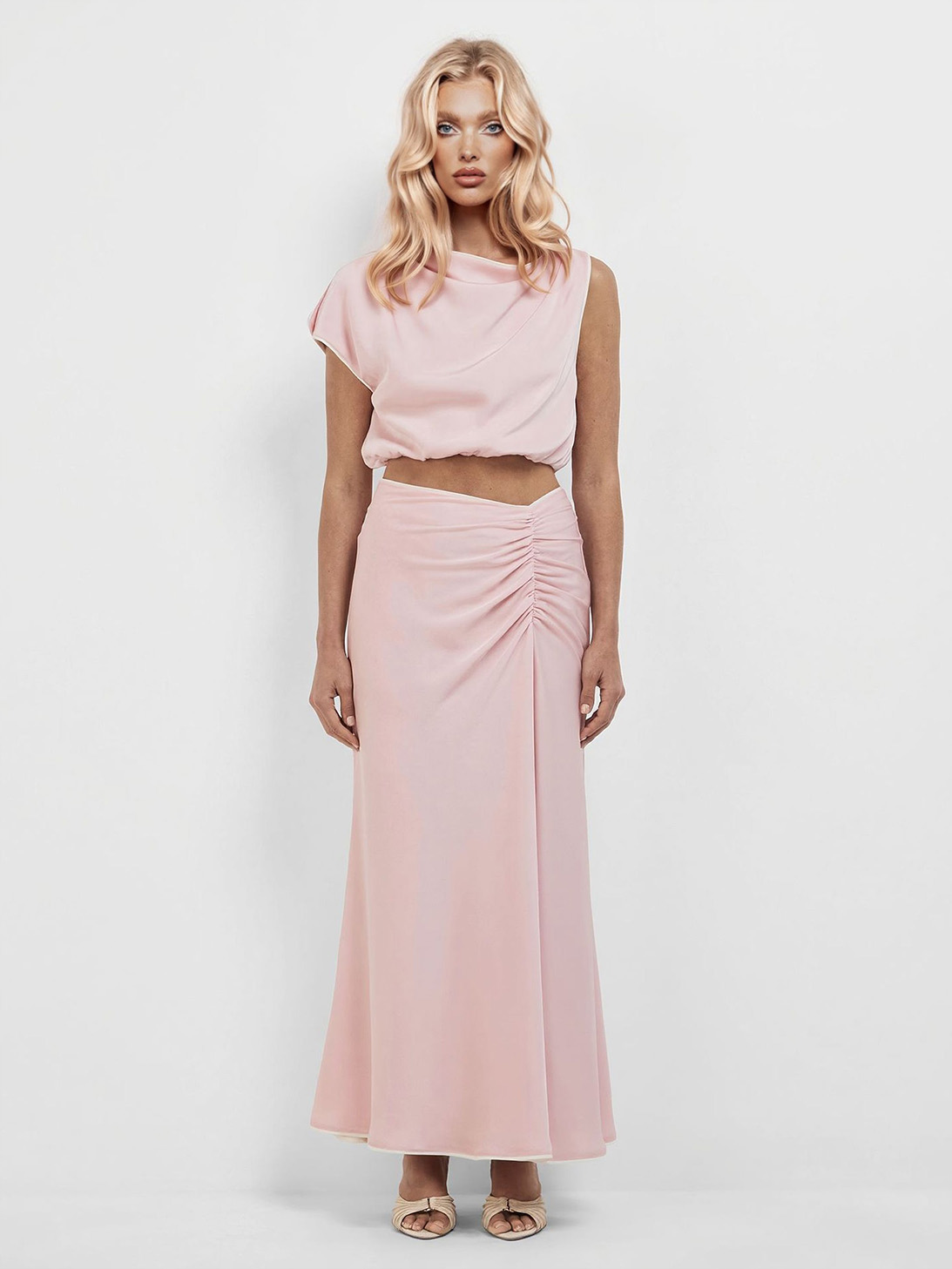 Elegant Draped Sleeveless Top & Ruched Maxi Skirt Two-Piece Set