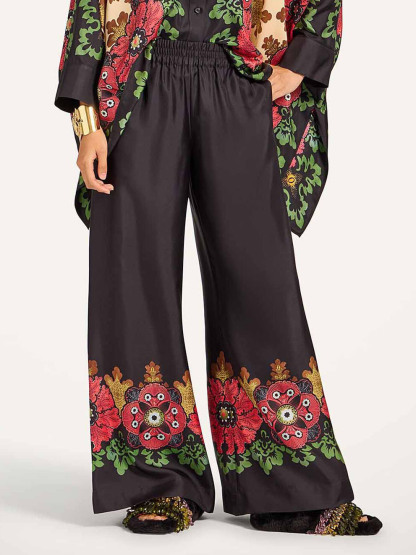 Exquisite Satin Floral Border Wide-Leg Pants