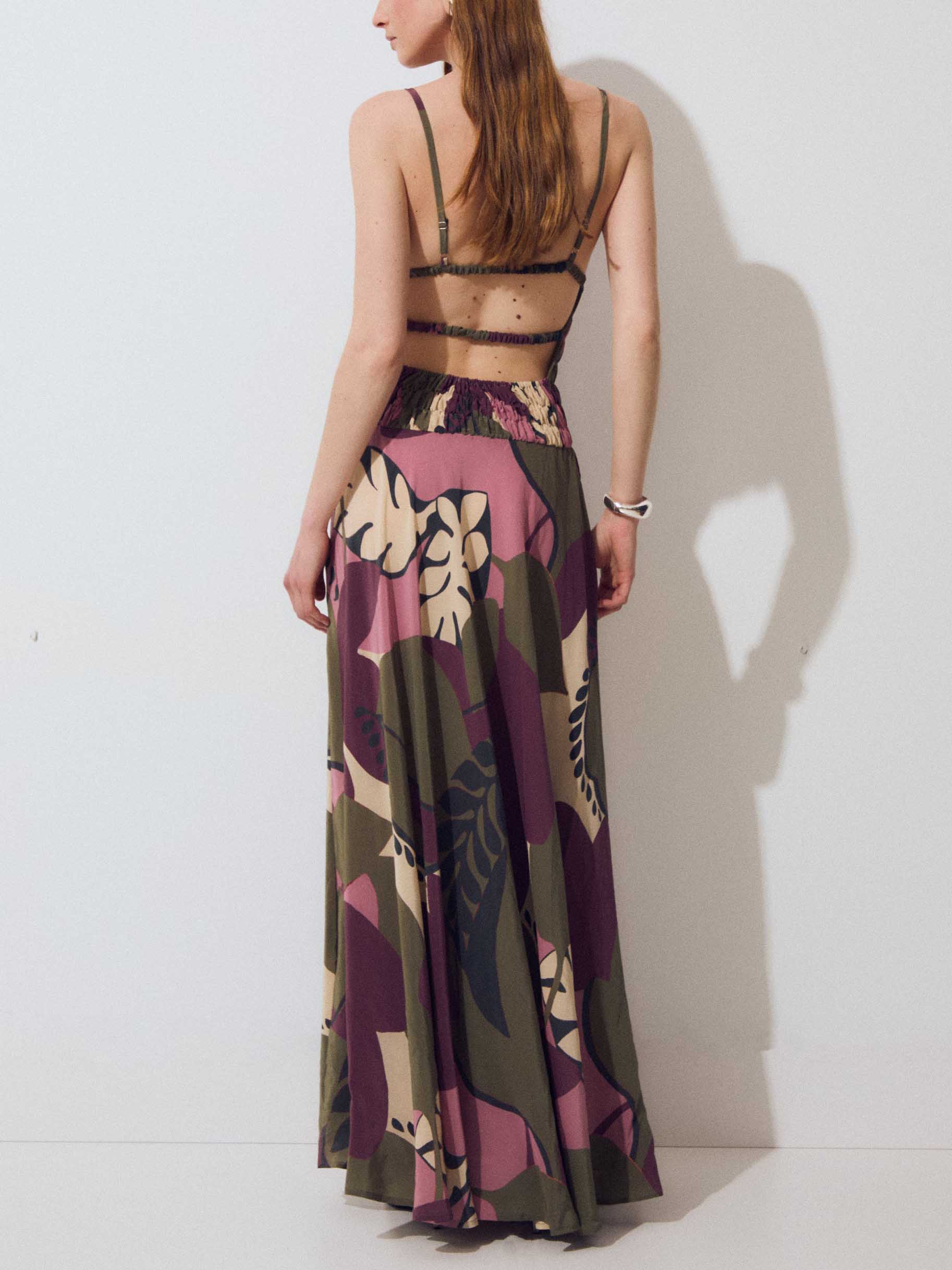 Smocked Bodice Tropical Leaf Print Spaghetti Strap Maxi Dress