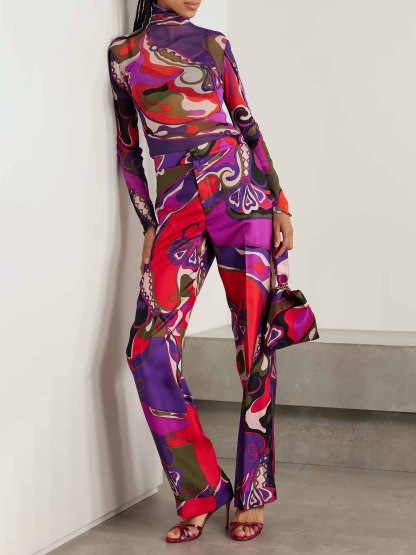 Unique Retro Abstract Print Mesh Long-Sleeved Top