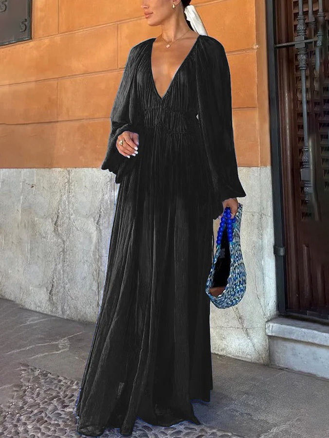 Elegant V-neck Chiffon Waist Pleated Maxi Dress