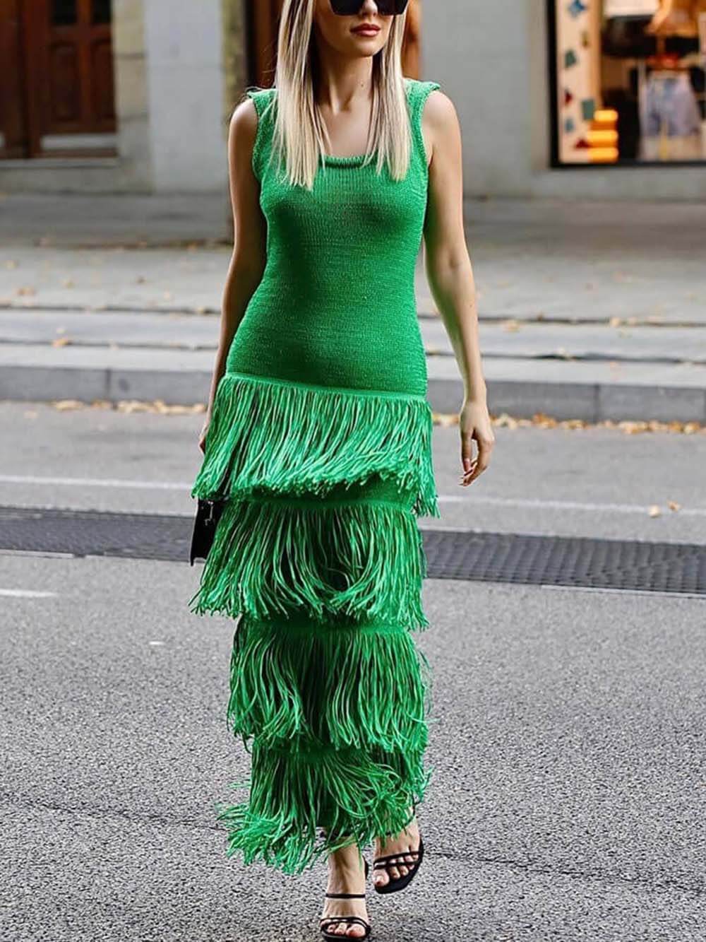Elegant Solid Color Sleeveless Slim Fit Fringed Hem Knitted Maxi Dress