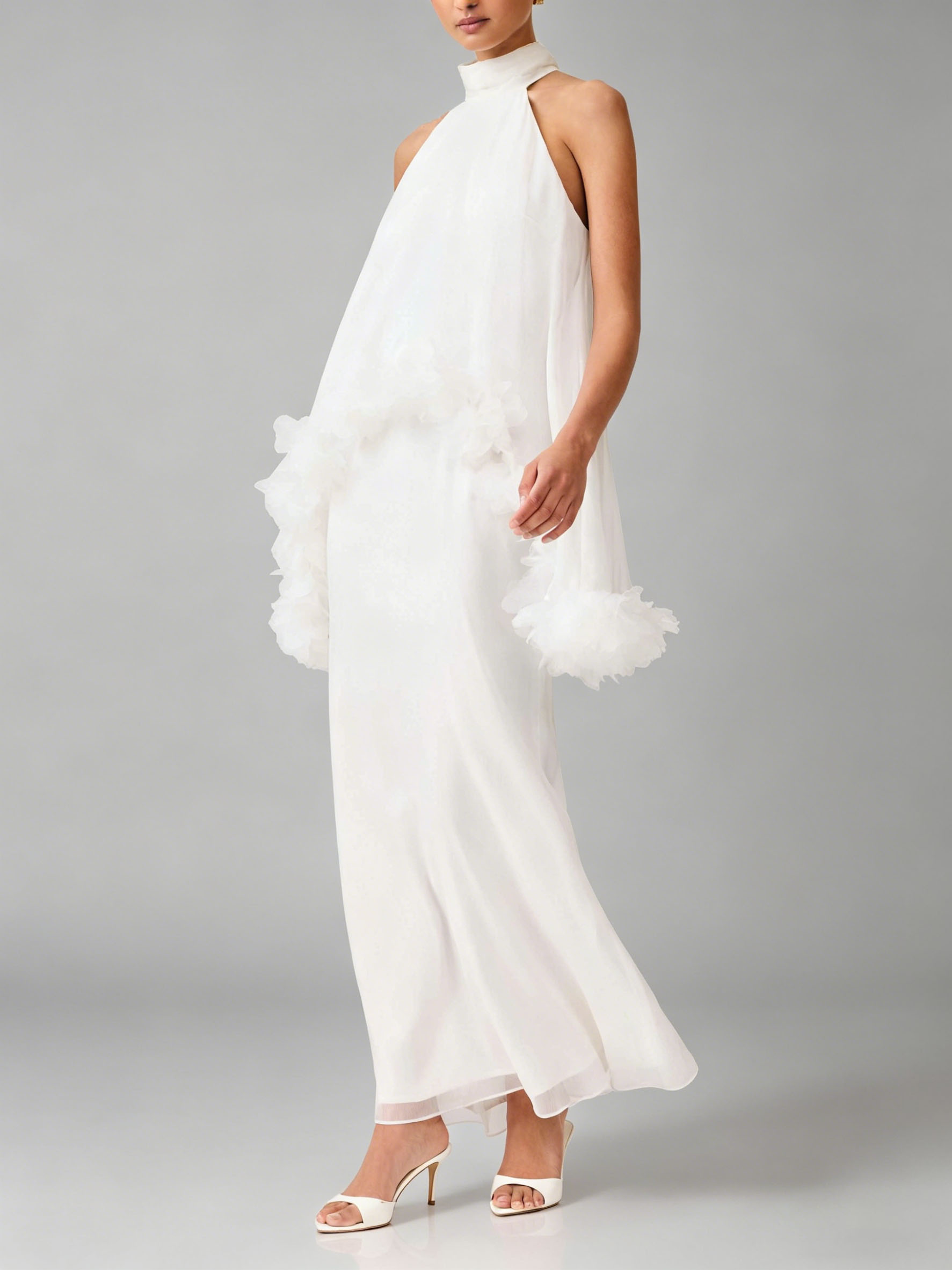 Clear Ruffled Floral Applied Chiffon Maxi Dress