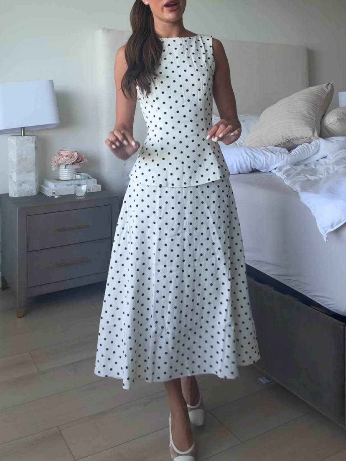 Elegant Polka Dot Sleeveless Top & Skirt Two-Piece Set