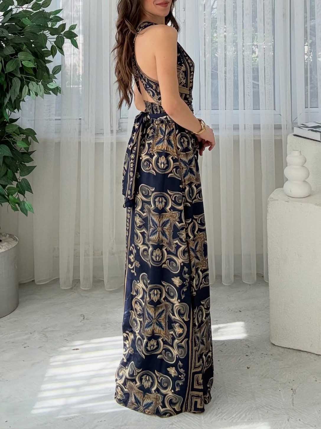 Elegant Deep V-neck Bohemian Print Maxi Dress