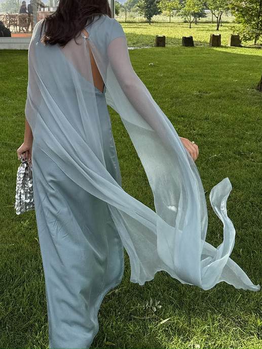 Elegant Asymmetrical Neckline Cape Cutout Maxi Dress