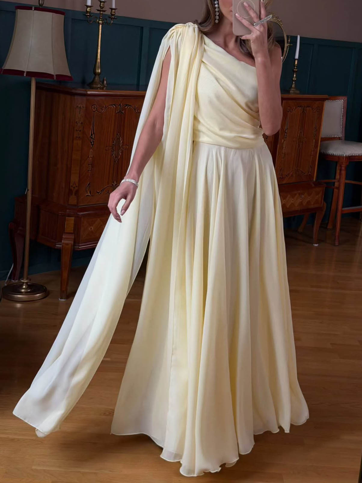 Elegant One-Shoulder Draped Chiffon Maxi Dress