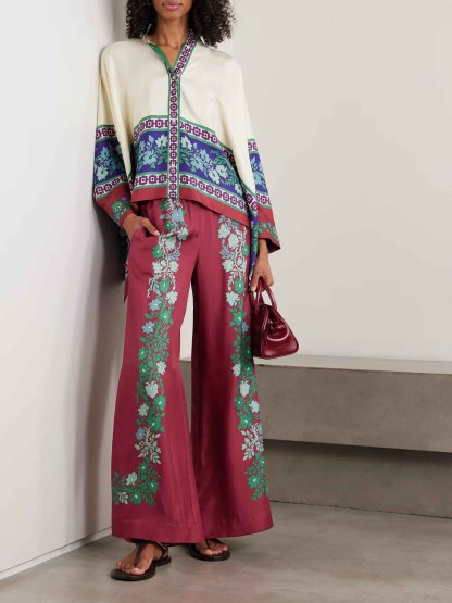 Exquisite Retro Satin Print Wide-Leg Pants