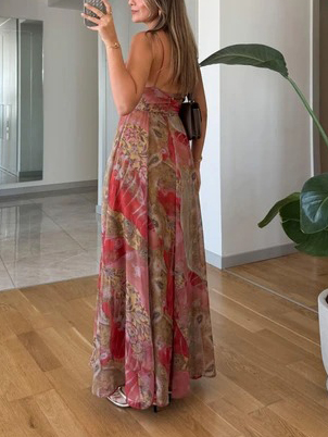 Retro Plant Print V-neck Suspender Maxi Dress