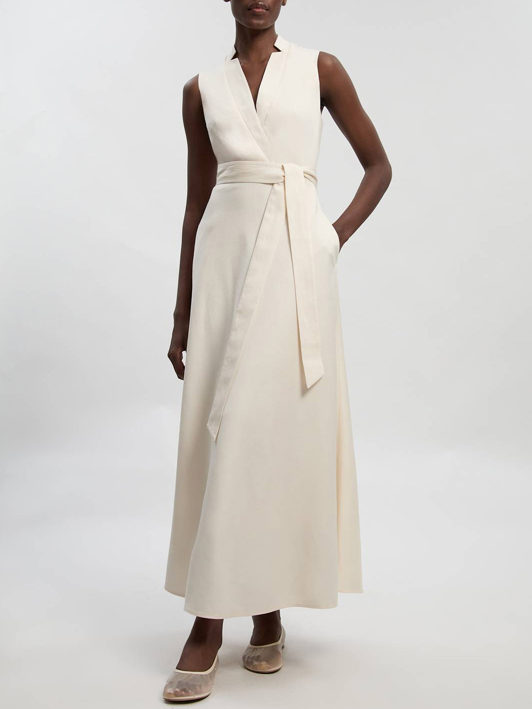 Elegant Sleeveless V-Neck Tie-Waist Satin Maxi Dress