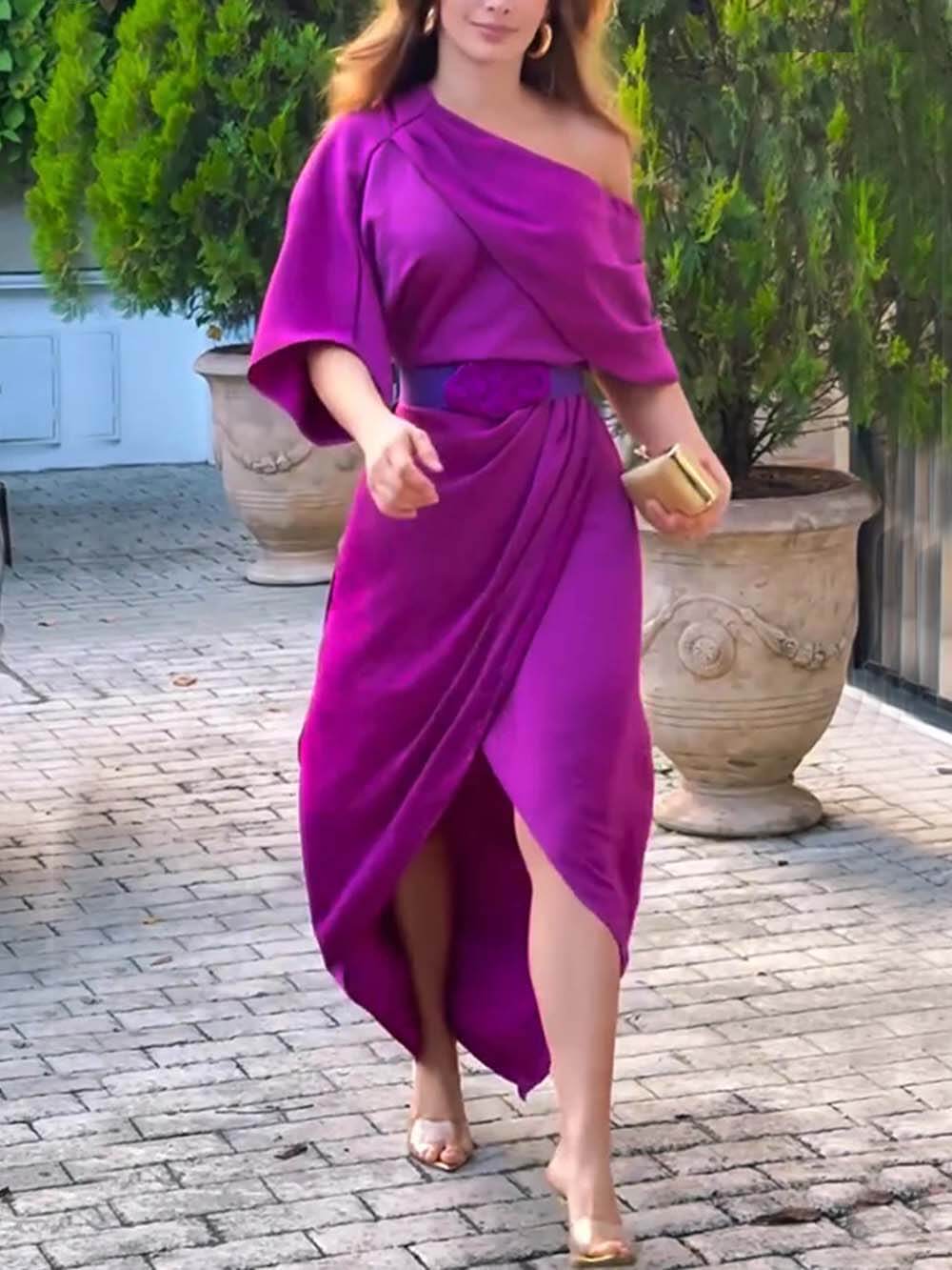 Exquisite Satin Irregular Lapel Neckline Design Ruched Maxi Dress