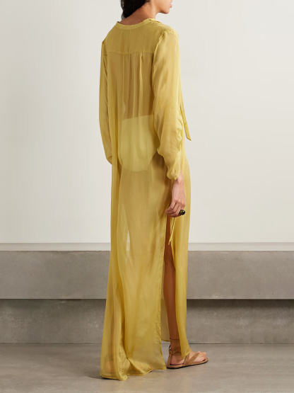 Casual Satin V-Neck Pleated Cuff Maxi Dress