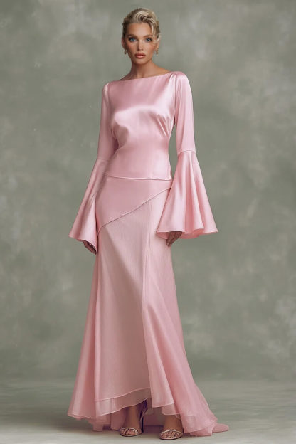 Elegant Minimalist Bell-Sleeve Satin-Panel A-Line Maxi Dress