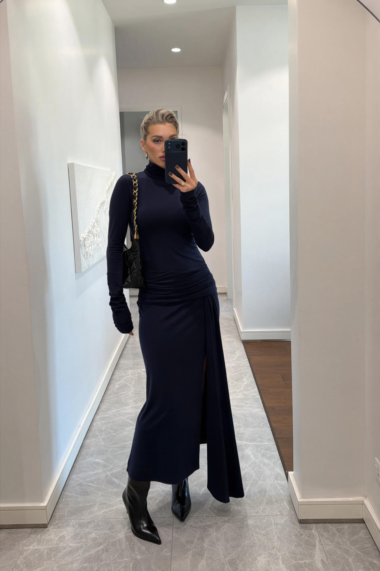 Elegant Navy Ruched Waist Slit Maxi Dress