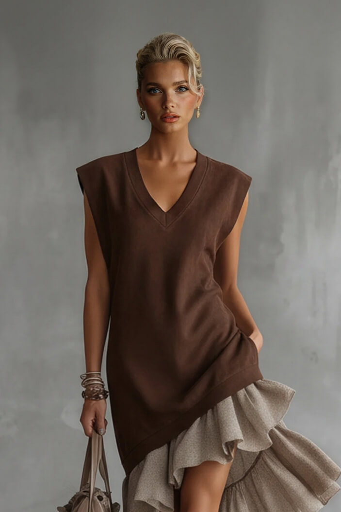 Elegant Asymmetrical Ruffled Hem Sleeveless Midi Dress