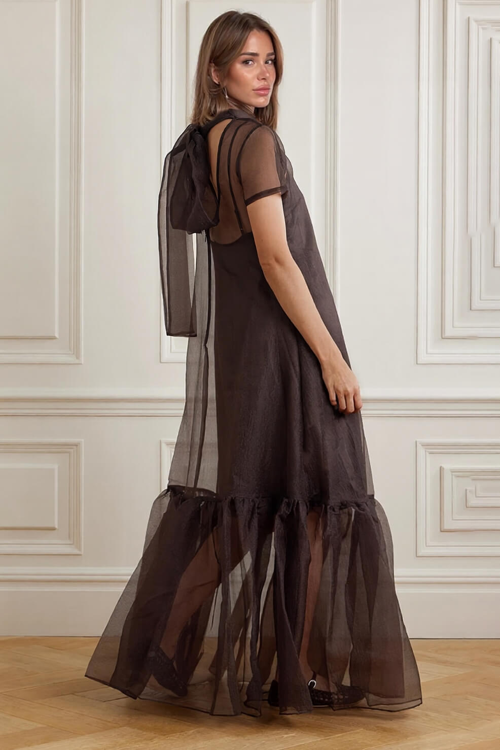 Casual Lace-up Neck Layered Organza Maxi Dress