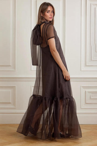 Casual Lace-up Neck Layered Organza Maxi Dress