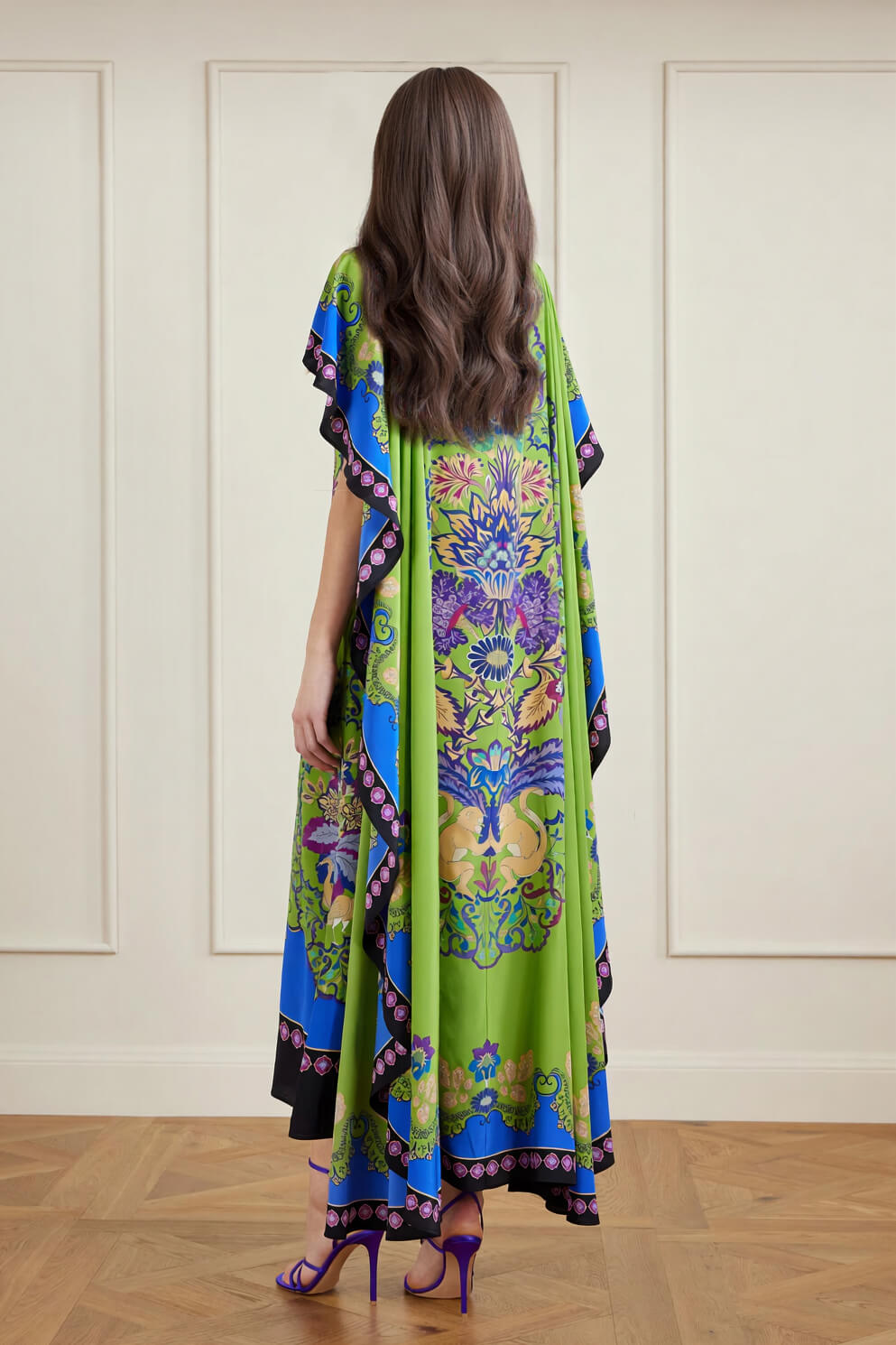 Unique Shawl-Style Floral Print Satin Maxi Dress