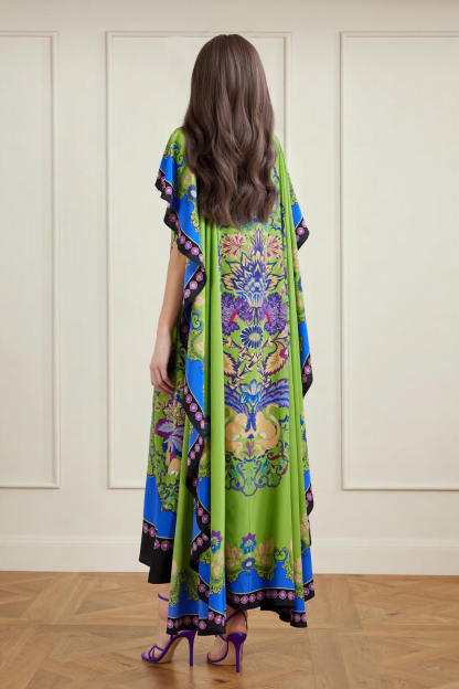 Unique Shawl-Style Floral Print Satin Maxi Dress