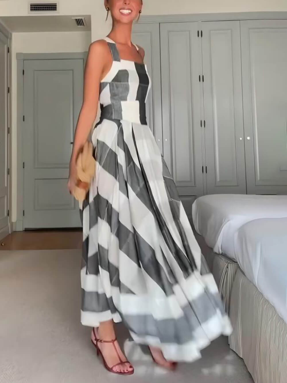 Classic Casual Plaid Print Pleated A-Line Maxi Dress