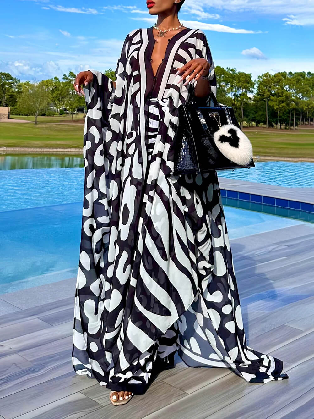 Casual Mottled Print Relaxed Kimono Maxi Dress