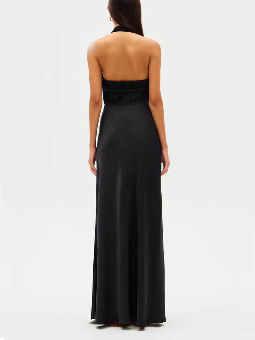 Elegant Mesh Ruched Satin Backless Maxi Dress
