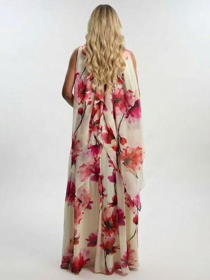 Elegant Watercolor Floral Print Backless Chiffon Maxi Dress