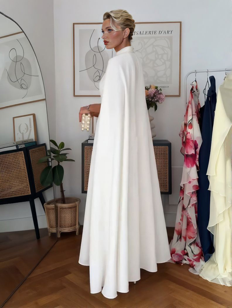 Elegant High-Neck Cape-Style Maxi Dress