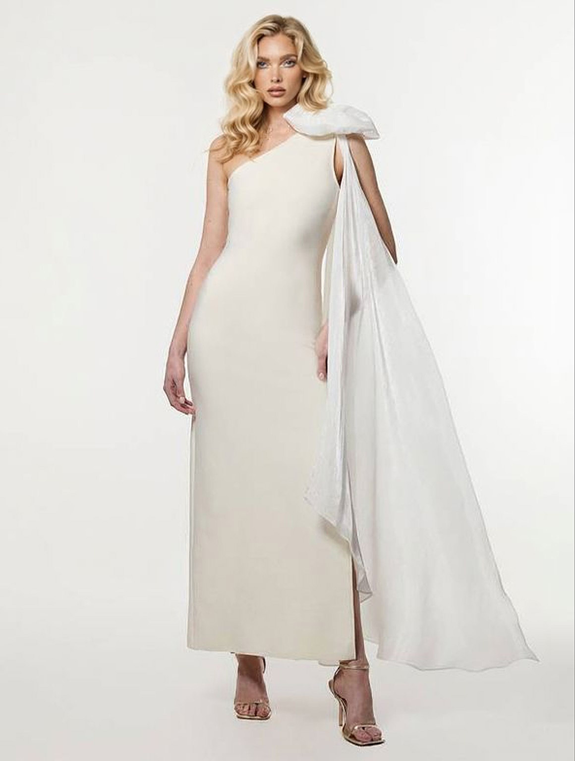 Elegant Tulle Bow Cape One-Shoulder Maxi Dress