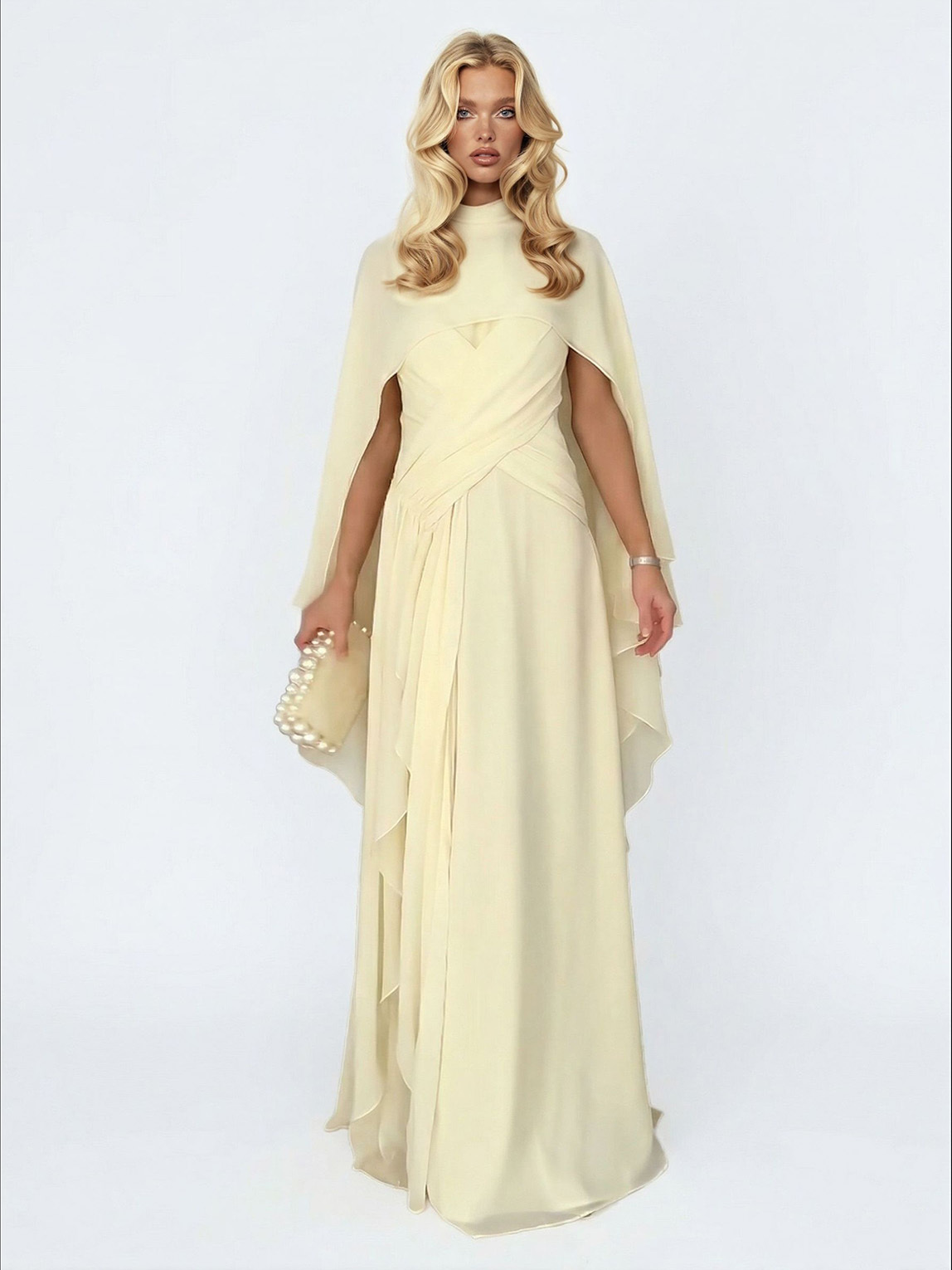 Elegant Cape Style Ruched Ruffle Maxi Dress