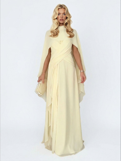 Elegant Cape Style Ruched Ruffle Maxi Dress