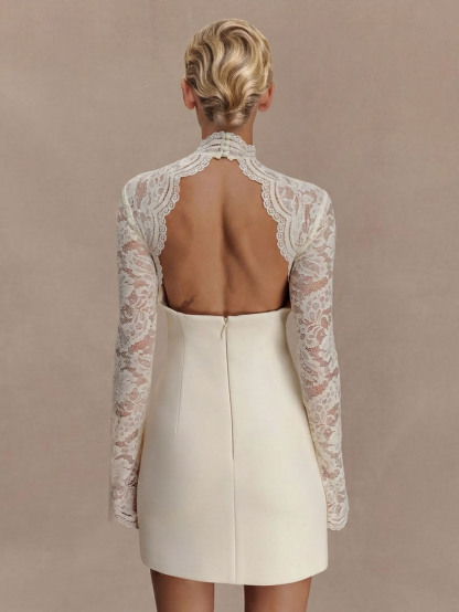 Elegant Sheer Lace High-Neck Mini Dress