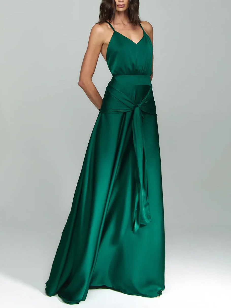 Elegant V-Neck Satin Tie-Waist Floor-Length Slip Dress