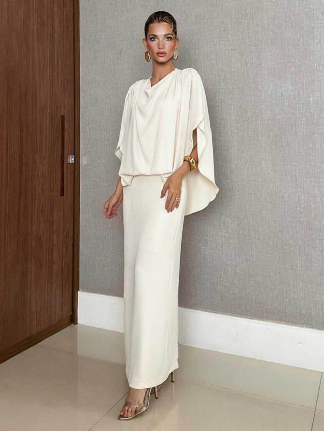 Elegant Cream Draped Cape Sleeve Maxi Dress