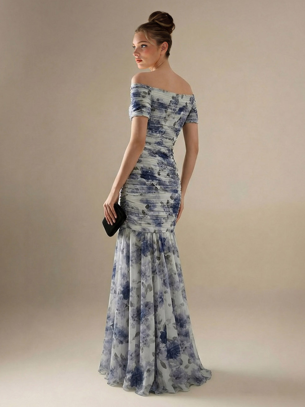 Elegant Printed Mesh Off-Shoulder Ruched Mermaid Maxi Dress