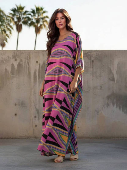 Retro Diamond Print Kimono Kaftan Beachwear Maxi Dress