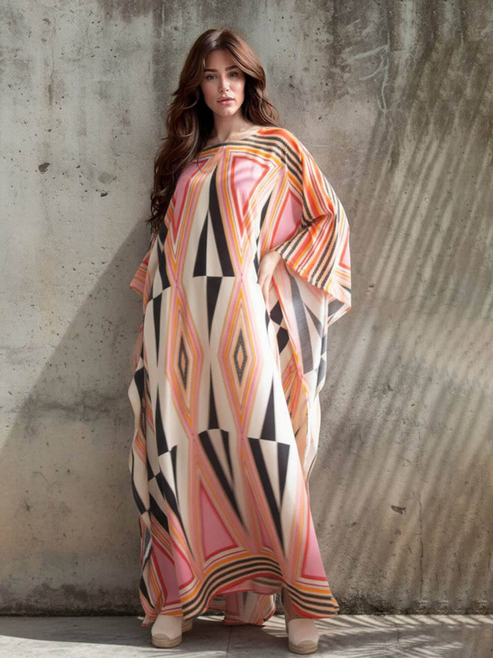 Simple Retro Triangle Print Slit Kimono Maxi Dress