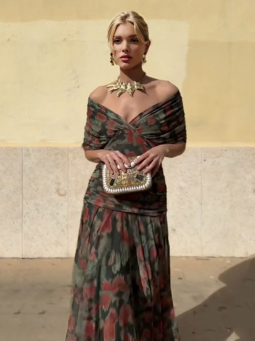 Elegant Mesh Watercolor Print Pleated Maxi Dress