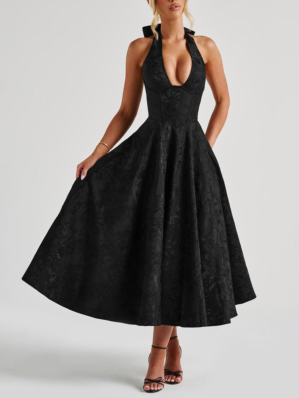 Vintage Elegant Jacquard V-Neck Halter Midi Dress